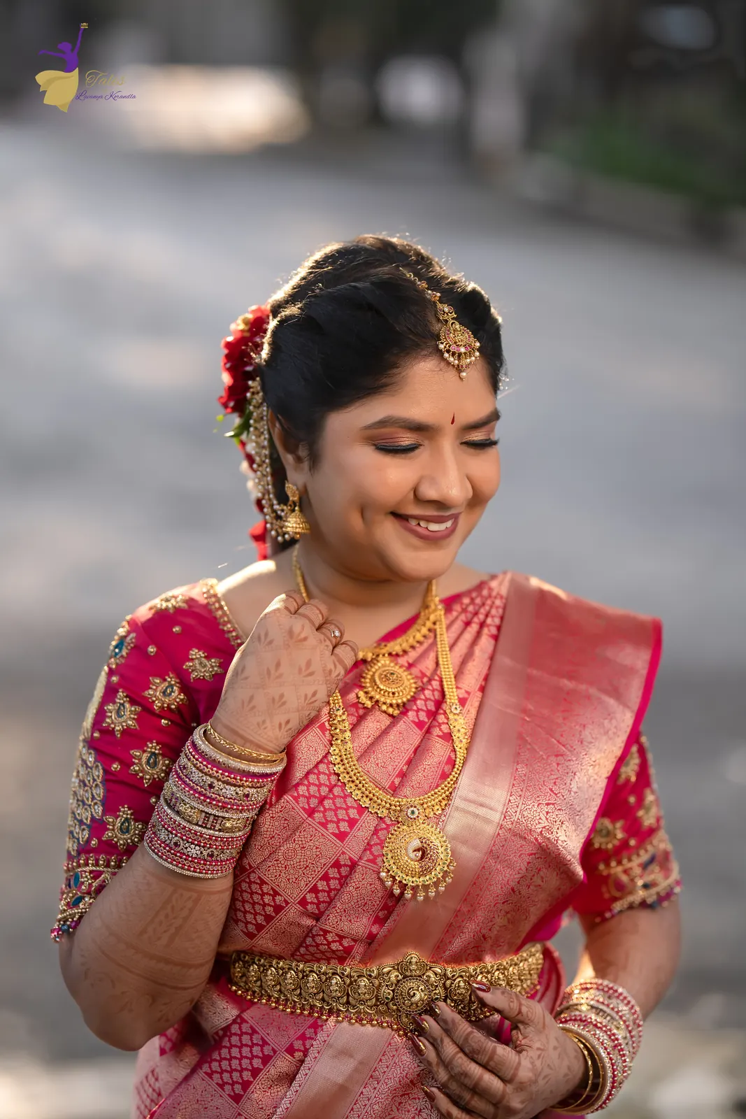 Priyanka in pink silk and temple jewellery, smiling in soft sunrise light, Hyderabad