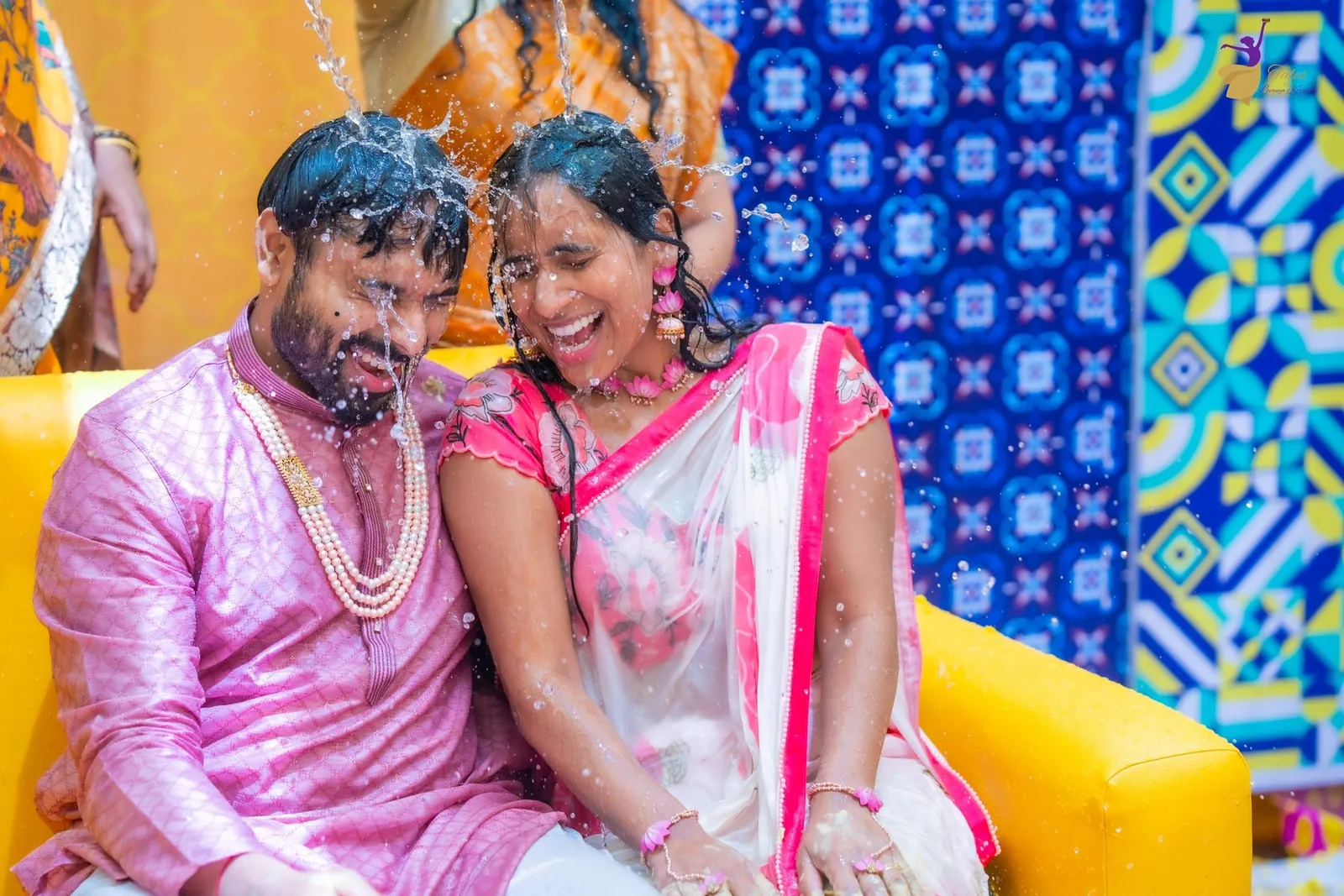 Manoj and Priya sharing a laugh at their Haldi, Amalapuram
