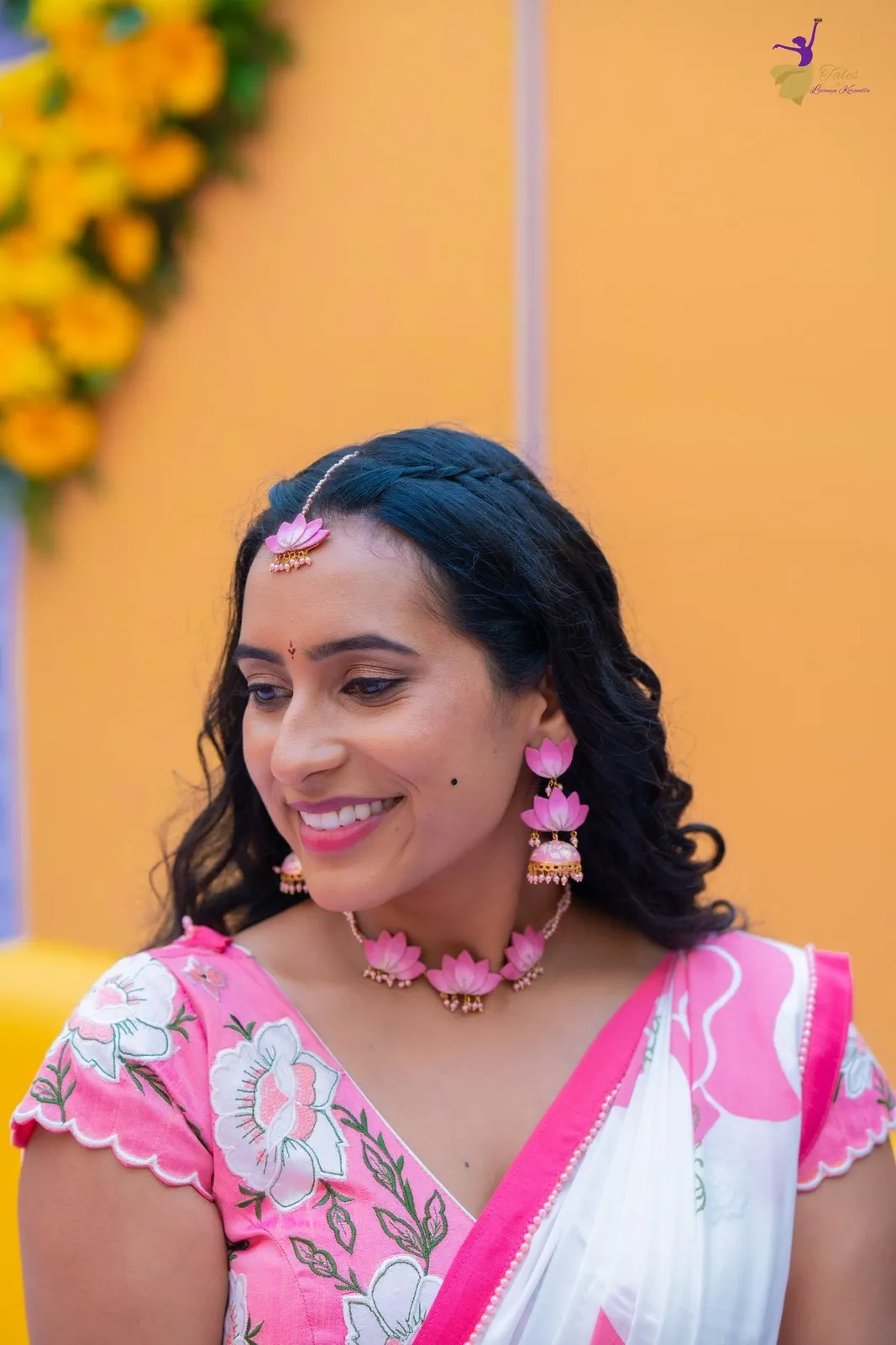 Priya in pink floral saree and lotus jewellery at Haldi, Amalapuram