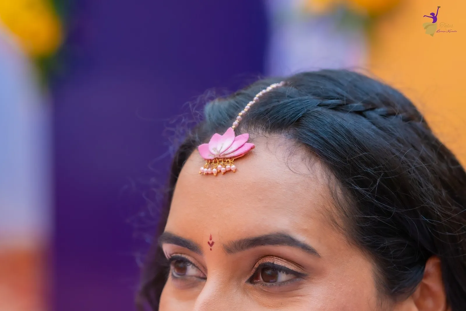 Priya’s pink lotus maang tikka close-up, Haldi ceremony, Amalapuram