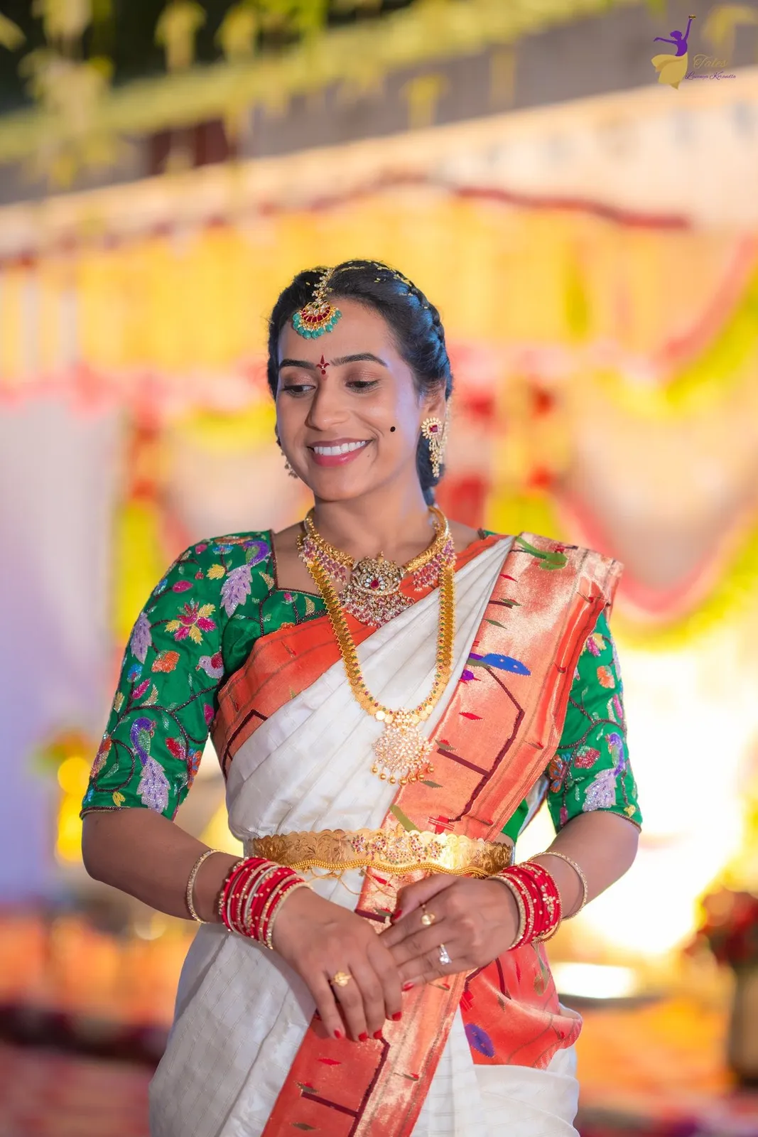 Priya bridal portrait with heavy gold jewellery, Pellikuthuru ceremony