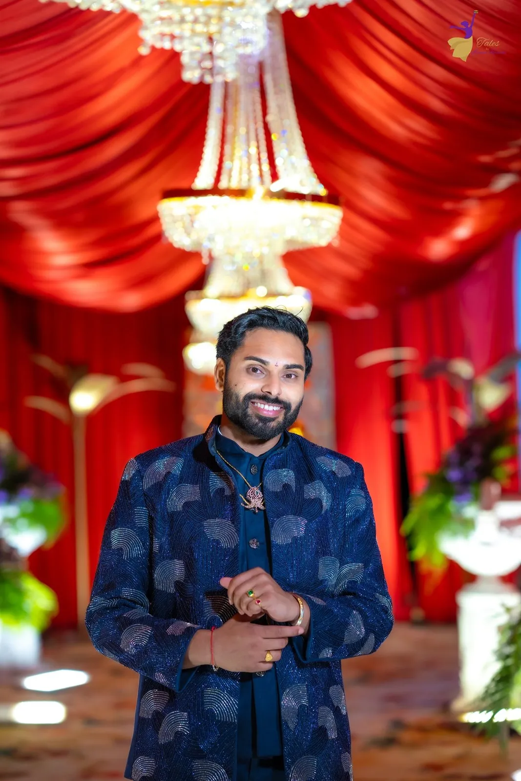 Manoj and Priya pre-reception portrait, midnight blue attire