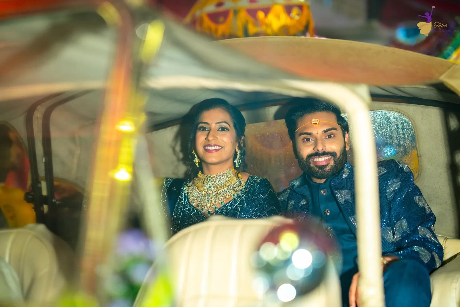 Manoj and Priya in midnight blue at their pre-reception, Amalapuram