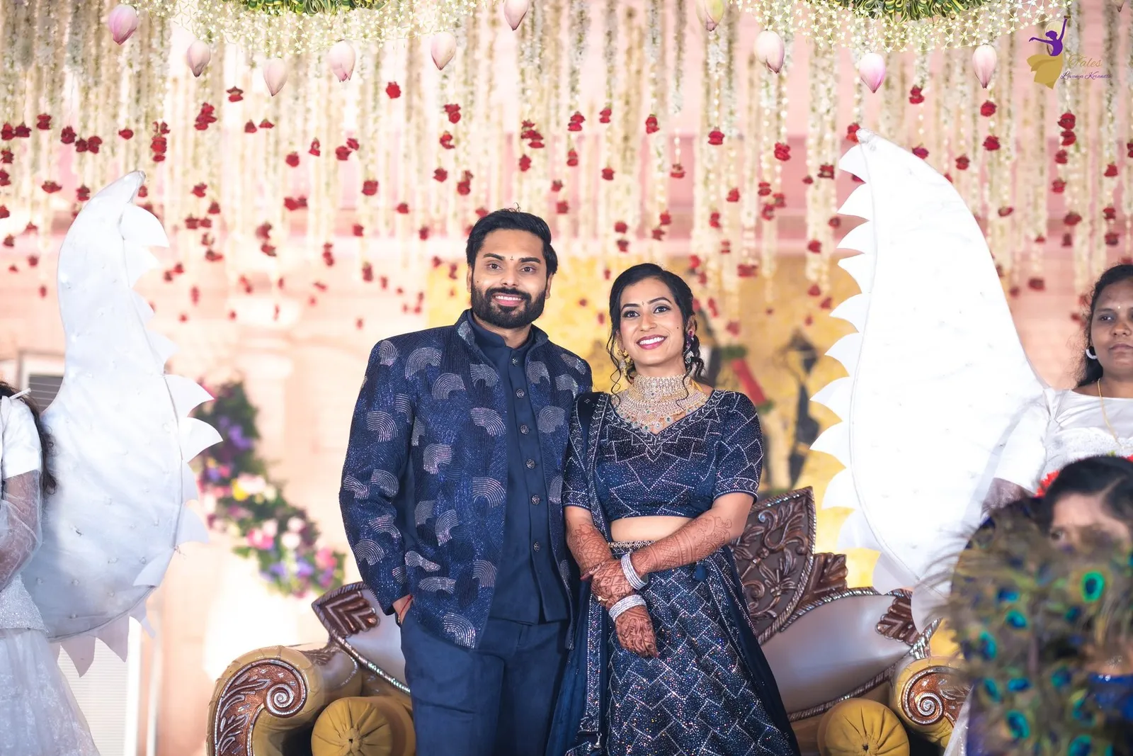 Priya in midnight-blue lehenga at the pre-reception, Amalapuram