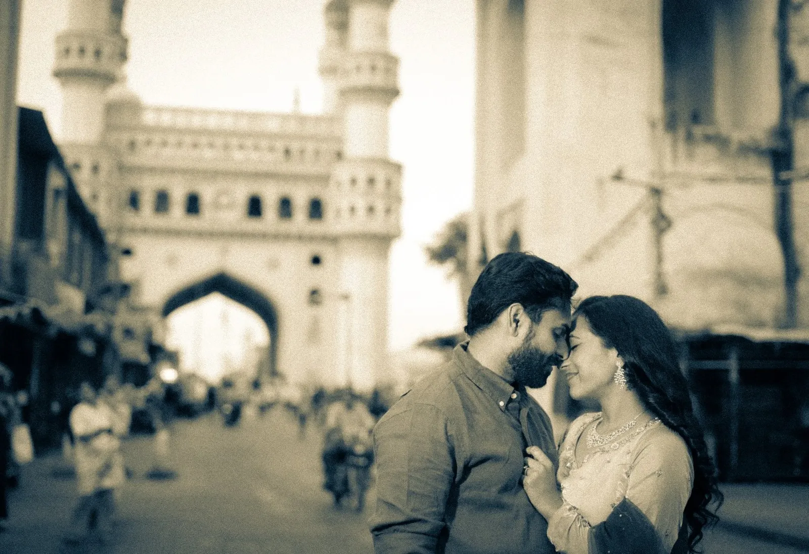 Black-and-white couple portrait near Charminar, Hyderabad