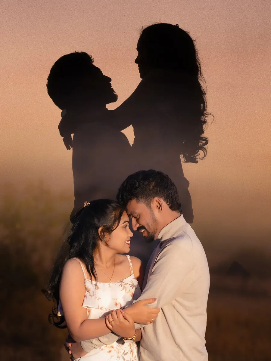 Couple embrace with sunset double-exposure silhouette, Hyderabad couple photoshoot