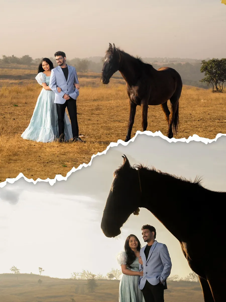 Couple with a horse in a field, creative pre-wedding portrait, Hyderabad