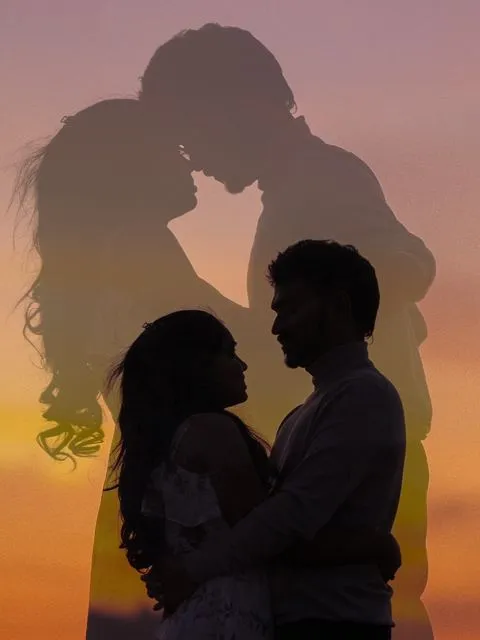 Couple silhouette kiss at sunset with double exposure, Hyderabad couple shoot