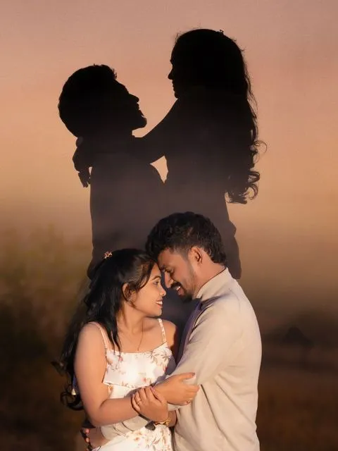 Couple embrace with sunset double-exposure silhouette, Hyderabad couple photoshoot