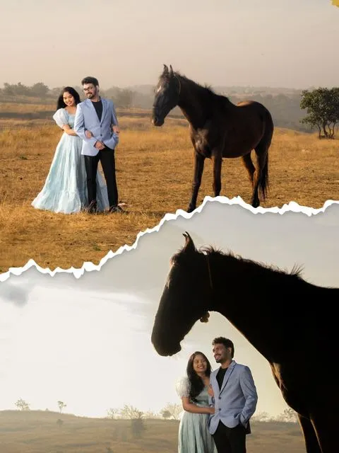 Couple with a horse in a field, creative pre-wedding portrait, Hyderabad