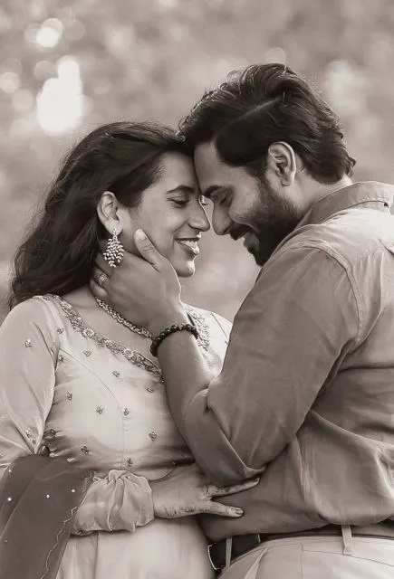 Black-and-white portrait of couple touching foreheads, Hyderabad pre-wedding
