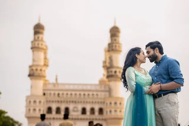 Couple at Charminar, old city Hyderabad pre-wedding photoshoot