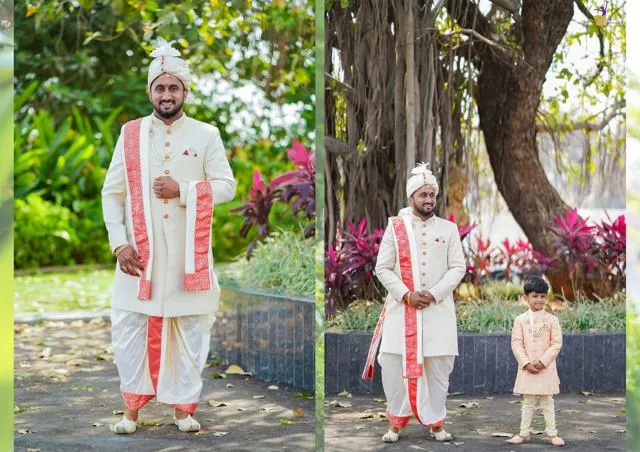 Groom in white and pink sherwani outdoors, Hyderabad wedding