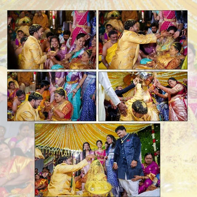 Collage of lively wedding ritual moments, Hyderabad