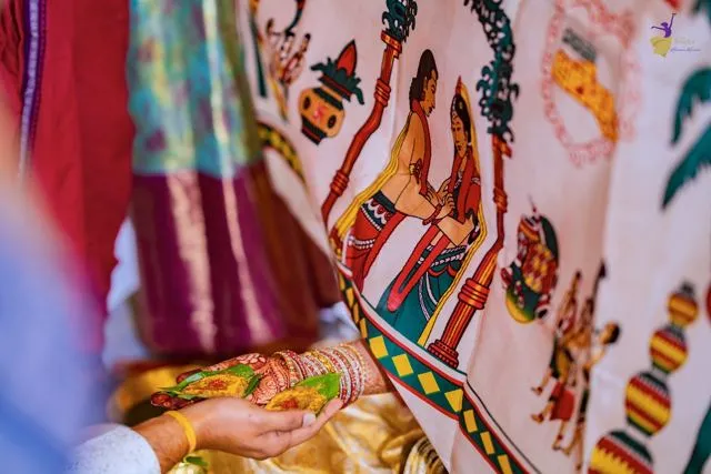 Close-up of patterned ceremonial cloth at a wedding