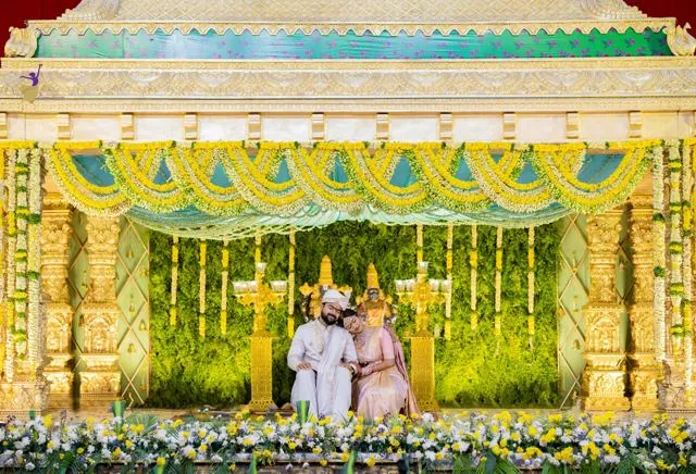 Ornate green and gold temple-style wedding mandap, Hyderabad